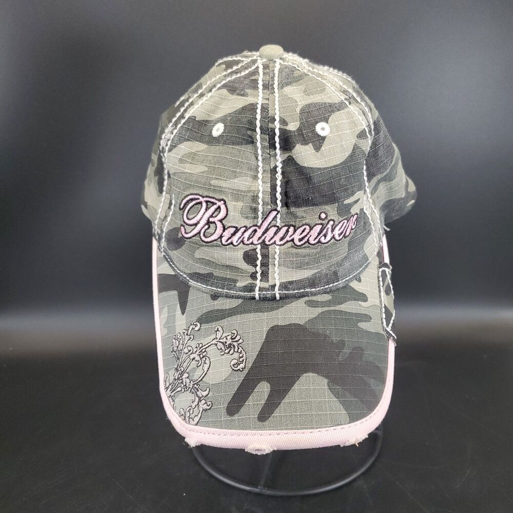 Budweiser Camo Pink Hat Distressed Baseball Cap Women Country Style